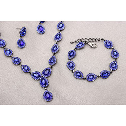 Austrian Crystal Rhinestone Necklace Dangle Earrings Link Bracelet Jewelry Set for Brides Bridesmaid Prom Costume Accessories for Women - color: Blue-Gun Black