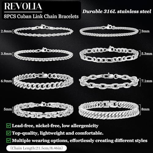 REVOLIA 8Pcs Stainless Steel Chain Bracelets for Men Women Cuban Link Bracelets Paperclip Figaro Rope Chain Bracelets Set 6.8-9 Inches - color: Silver