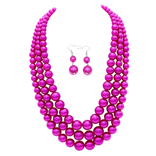 Chunky Layered Imitation Pearl Necklace for Women 3 strand Pearl Necklaces Faux Pearl Necklace Earrings Set 1920s Flapper Gatsby Costume Accessories - color: 3 strand pearl necklace Fuchsia