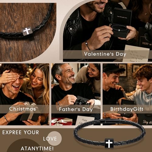 YOIHUR Cross Bracelet for Men Women, Black Italian Braided Leather Couples Bracelets, Pure Titanium Cross Mens Bracelet holiday,Jewelry Gifts for Men Women (7.5/8/8.5/9/9.5") - size: 8in, style: Classic Cross Bracelet
