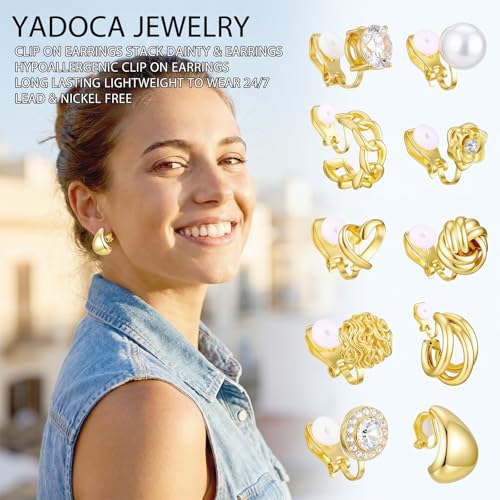 10 Pairs Gold Clip on Earrings, 14K Gold Plated Clip Earrings Earring Set | Non Pierced Ears Clips, CZ Pearl Knot Twist, Chunky Hoop, and Studs