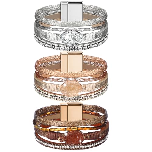 Inbagi 3 Pcs Bohemian Bracelet for Women Girls Faux Leather Cuff Bangle Crystal Bead Bracelet Multi Layer Western Jewelry Wristbands - style: Boho