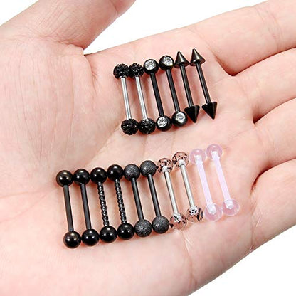 SCERRING 8 Pairs 14G Stainless Steel Clear CZ Nipple Ring Tongue Straight Barbell Rings Bars Retainer Body Piercing Jewelry for Women Men 9/16Inch - color: 8 Pairs - Black