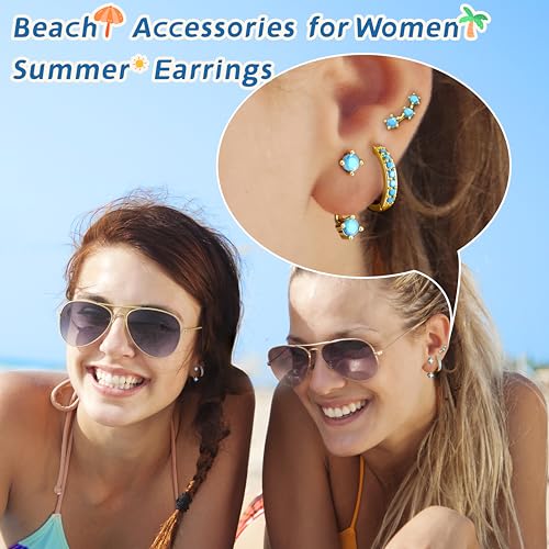 3 Pairs Dainty Small Earrings Set for Women Trendy, Birthstone Stud Huggie Hoop Jacket Stack for Cartilage Helix, Gold Plated Hypoallergenic Cute Women Fashion Accessories Western Jewelry Gifts - color: Created Turquoise (Gold)