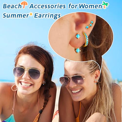 3 Pairs Dainty Small Earrings Set for Women Trendy, Birthstone Stud Huggie Hoop Jacket Stack for Cartilage Helix, Gold Plated Hypoallergenic Cute Women Fashion Accessories Western Jewelry Gifts - color: Created Turquoise (Gold)