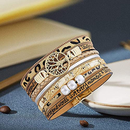 Desimtion Inspirational Tree of Life Boho Leather Wrap Bangle Bracelets for Women, Teen Girl Gifts Trendy Stuff, Fashion Accessories Jewelry Gifts for Women Girls - color: Leopard