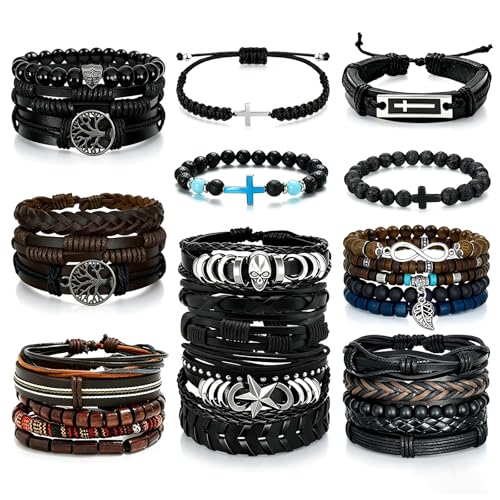31Pcs Mens Braided Leather Bracelets Bulk Bracelets for Men | Punk Handmade Ethnic Tribal Bracelets Wristbands Adjustable Wood Beads Wristband Brown Gothic Cross Skull Skeleton Bracelet