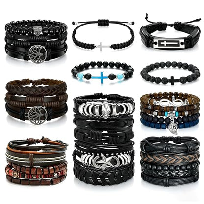 31Pcs Mens Braided Leather Bracelets Bulk Bracelets for Men | Punk Handmade Ethnic Tribal Bracelets Wristbands Adjustable Wood Beads Wristband Brown Gothic Cross Skull Skeleton Bracelet