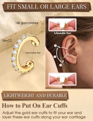LOLIAS 12Pcs Ear Cuffs Non Piercing - 14K Gold Plated Ear Cuff Earrings for Women Adjustable Earring Cuffs for Non Pierced Ears Clip on Cartilage Earring Fake Earrings Set - color: 14K Gold Plated
