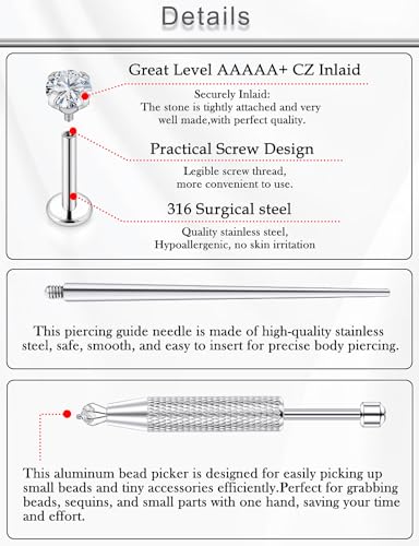 18G 16G 14G Lip Labret Medusa Nose Rings Studs Flat Back Earrings Internally Threaded 316L Surgical Steel Cartilage Tragus Helix Conch Earrings Piercing Jewelry for Women Men 6mm 8mm 10mm - color: 14G - Silver-6/8/10mm Bars-Grabber Tool