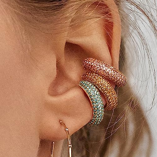 Ear Cuffs Non Piercing Aretes De Mujer Gold Chunky Earrings for Women Clip On Earrings Non Tarnish Gold Earrings Gifts Trendy Stuffers - color: 3PCS Colorful Rhinestones Ear Cuff