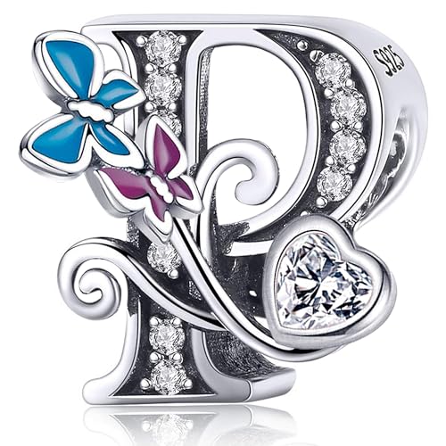 S925 Silver Butterfly Initial Letter Charms Fit for Pandora Charms Bracelets and Necklace Alphabet Bead Charms Jewelry Gifts for Women - color: P