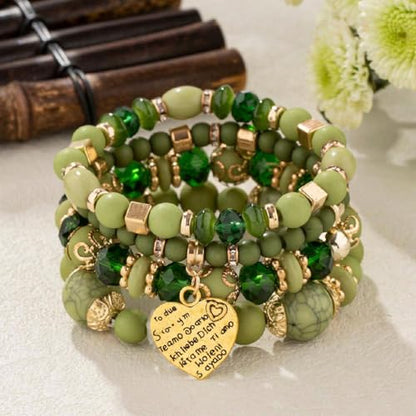 Women Beaded Bracelet Set | Colorful Boho Stackable Trendy Design with Crystal Accents Multilayer Bangle Bracelet | Fashion Stretch Braclets Jewelry for Women - color: Green-Mix