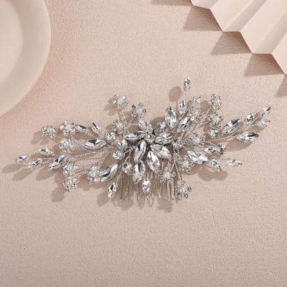 Teyglen Silver Wedding Rhinestone Hair Comb with Pearl Crystal Flower Hair Side Comb Bridal Crystal Headpiece Handmade Rhinestone Hair Piece Flower Hair Accessories for Women (Silver) - color: Silver