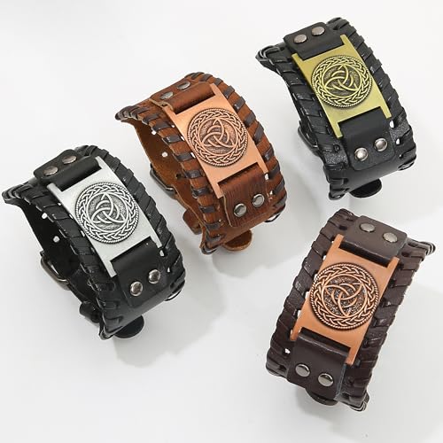 GelConnie Viking Bracelet Punk Leather Cuff Bracelet Gothic Leather Wristband Bracelet with Nordic Amulet Scandinavian Talisman Celtic Pagan Jewelry - color: MLPB078-Brown