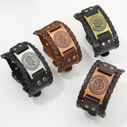 GelConnie Viking Bracelet Punk Leather Cuff Bracelet Gothic Leather Wristband Bracelet with Nordic Amulet Scandinavian Talisman Celtic Pagan Jewelry - color: MLPB078-Brown