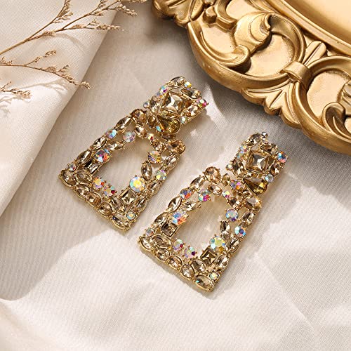 Flyonce Rectangle Clip-on Drop Earrings for Women, Sparkly Rhinestone Crystal Geometric Statement Non Pierced Earring Wedding Prom Party Jewelry for Brides Bridesmaid - color: Brown Gold-Tone