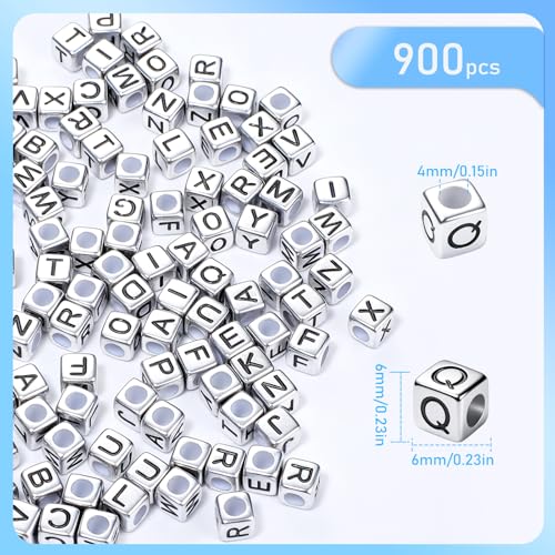 900Pcs Acrylic Silver Letter Beads Alphabet Colorful Letter Black Cube Beads for Friendship Bracelets and Gifts Souvenir Jewelry Making(6 * 6mm Cube) - color: Sliver Black(Cube)