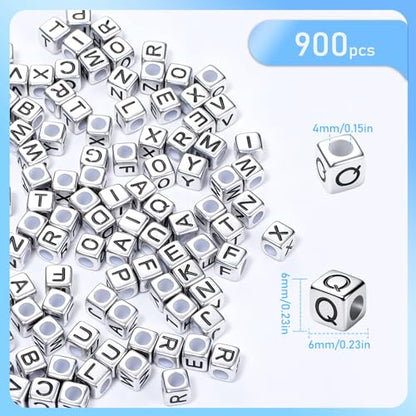 900Pcs Acrylic Silver Letter Beads Alphabet Colorful Letter Black Cube Beads for Friendship Bracelets and Gifts Souvenir Jewelry Making(6 * 6mm Cube) - color: Sliver Black(Cube)