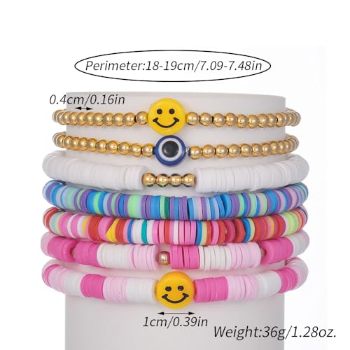 Friendship Bracelets for Women - Heishi Surfer Colorful Smile Evil Eye Clay Beaded Stretch Bracelets Elastic Layering - Stackable Boho Disc Y2K Aesthetic Summer Jewelry Set. - color: A-Evil Eye-7pc