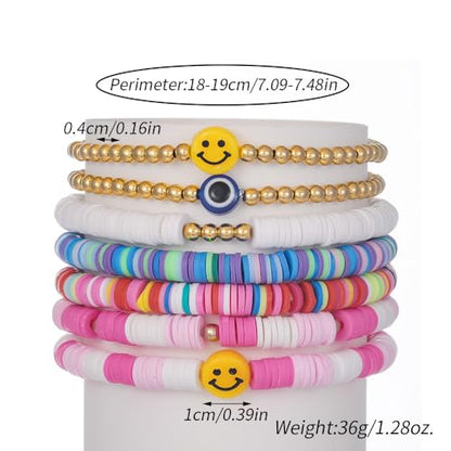 Friendship Bracelets for Women - Heishi Surfer Colorful Smile Evil Eye Clay Beaded Stretch Bracelets Elastic Layering - Stackable Boho Disc Y2K Aesthetic Summer Jewelry Set. - color: A-Evil Eye-7pc