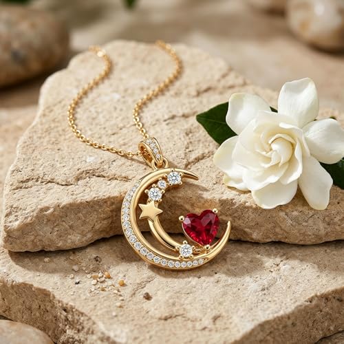 Midari 18K Gold Moon Star Necklace Moon Star Pendant Necklace with 12 Months Birthstones Moons Jewelry Gifts for Women Mom Her - color: 07-July