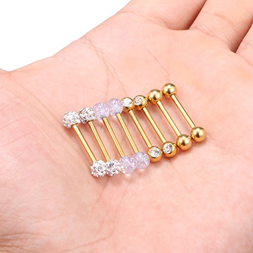 14G 9/16Inch Crystal Ball Nipple Tongue Shield Ring Barbell Body Piercing Jewelry Retainer 8-14PCS - color: 8PCS - Gold