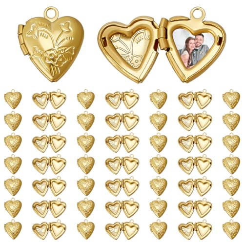 WEBEEDY 30 PCS Gold Heart Locket Pendants Small Brass Photo Frame Charms Personalized Heart Locket Necklace Memory Photo Charms for DIY Crafts Keychain Jewelry Making Love Wedding Gift Decorations
