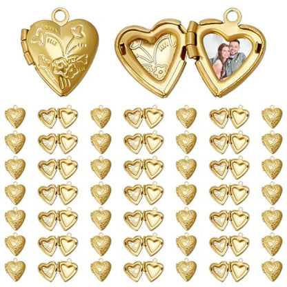 WEBEEDY 30 PCS Gold Heart Locket Pendants Small Brass Photo Frame Charms Personalized Heart Locket Necklace Memory Photo Charms for DIY Crafts Keychain Jewelry Making Love Wedding Gift Decorations