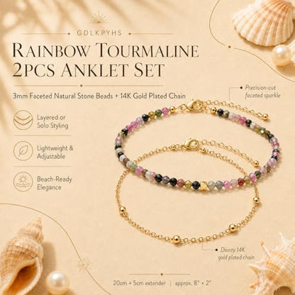 2Pcs Beaded Anklets for Women, Natural Stone Bead Ankle Bracelets with 14K Gold Plated Chain, Waterproof Adjustable Layered Anklet Set, Boho Beach Summer Jewelry Gift - color: Rainbow Tourmaline