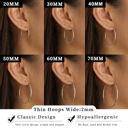 Senteria 2mm Thin 925 Sterling Silver Hoop Earrings for Women Hypoallergenic - color: silver 40mm