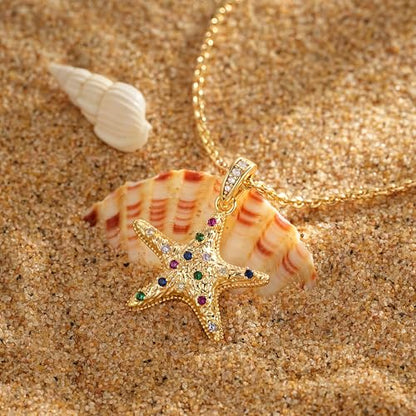 MTMY Gold Starfish Necklace 14K Gold Plated Shell Conch Ocean Pendant Necklace for Women Beach Summer Jewelry - style: mix starfish
