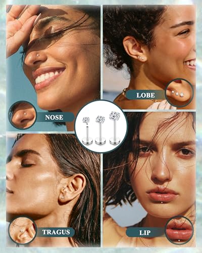18G Horseshoe Nose Rings for Women Internally Threaded Flat Back Earrings | Labret Stud Hypoallergenic Surgical Steel Double Gem Nose Rings with CZ Helix Tragus Septum Lip Nostril Piercing Jewelry Set - color: Silver