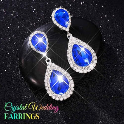 Catery Crystal Wedding Earrings Silver Rhinestone Ear Rings Teardrop Bridal Ear Jewelry for Brides and Women - color: Blue