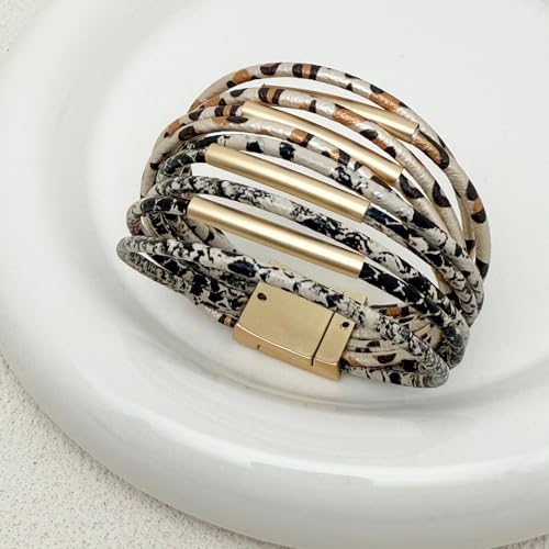 Bracelets for Women Leather Bracelet Multi-Layer Rope Wrap Bangle 14k Gold Plated Cirle Hollow Tube Boho Cuff Bangle Bracelets for Women Gift - style: Animal Print Bracelet