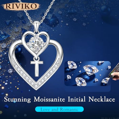RIVIKO 1 Carat Moissanite Heart Initial Necklace for Women,Letter Pendant | 925 Sterling Silver Chain,Personalized Jewelry,Anniversary Birthday Gifts for Wife Friend Mom - color: Letter T