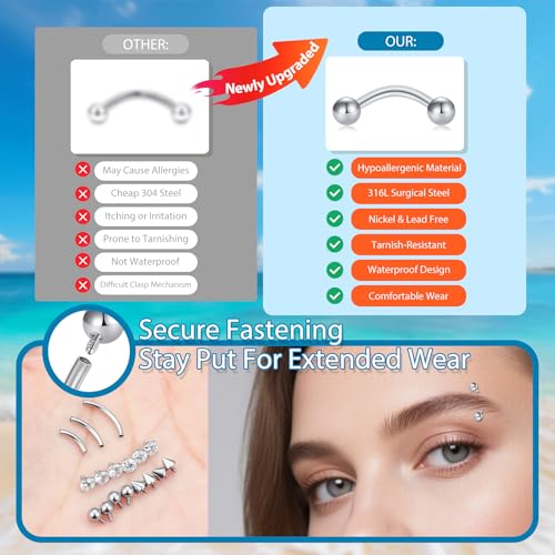D.Bella 16G Eyebrow Piercing Jewelry Daith Rook Earrings Stianless Steel Internal Thread Curved Barbell Vertical Labret Lip Belly Ring Snug Tragus Piercing 8mm/10mm/12mm - color: black