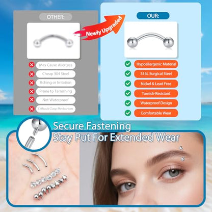 D.Bella 16G Eyebrow Piercing Jewelry Daith Rook Earrings Stianless Steel Internal Thread Curved Barbell Vertical Labret Lip Belly Ring Snug Tragus Piercing 8mm/10mm/12mm - color: black