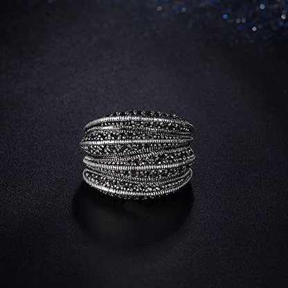 Mytys Statement Rings for Women with Black Zircons, Wavy Design, Vintage Wide Band Ring