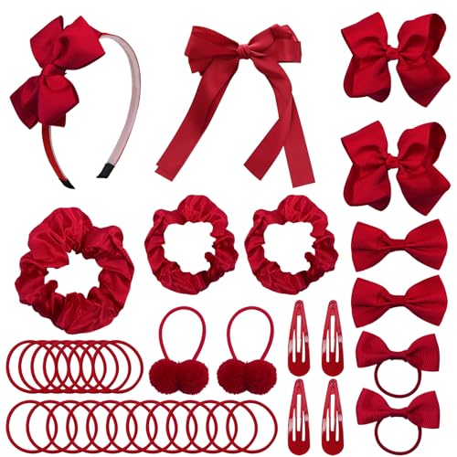 LACGO Pack of 37 School Uniform Hair Accessories - Hair Bow Clips Grosgrain Bow Headband Ribbon Alligator Ponytail Holder for Toddlers Teen Girls Uniform Christmas Party Prom (Burgundy) - color: Burgundy
