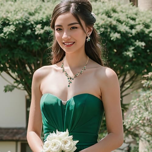 BriLove Wedding Jewelry Set for Women Bride, Y-Necklace Dangle Earrings Crystal Teardrop Leaf Flower Cluster Bridal Bridesmaid - color: 05-Emerald Color