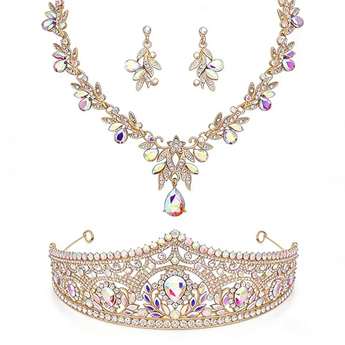 Princess Tiara Crown and Jewelry Sets for Women Wedding Rhinestone Crystal Tiaras and Crowns with Necklace Earrings Party Birthday Accessories - color: Gold AB