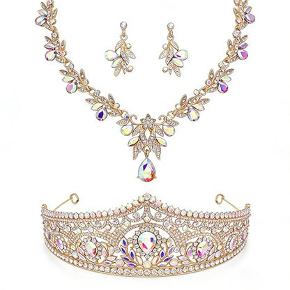 Princess Tiara Crown and Jewelry Sets for Women Wedding Rhinestone Crystal Tiaras and Crowns with Necklace Earrings Party Birthday Accessories - color: Gold AB