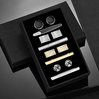 wynameleri Cufflink and Tie Clip Set for Men, 12 PCS Necktie Bars and Cuff Links Formal Business Dress Shirts Buttons Case Packed - color: B0408006