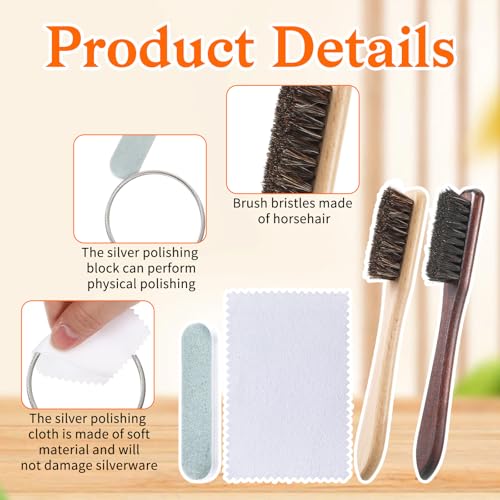 4 Pcs Horsehair Silver Cleaning Brush Set with Polishing Cloth and Polishing File, for Silverware Plateware Jewelry Cleaner