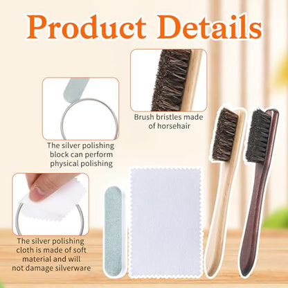4 Pcs Horsehair Silver Cleaning Brush Set with Polishing Cloth and Polishing File, for Silverware Plateware Jewelry Cleaner