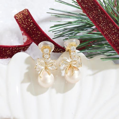 YOQUCOL Golden Bow Clip On Stub,Danle Drop Earrings for Women Simulated Pearl Christmas Xmas Bowknot Non Pierced Earrings - color: Dangle Clip-02
