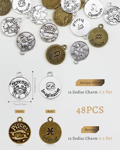 DIY Zodiac Charm Set, 48 Count 4 Sets Antique Tibetan Silver and Bronze Round Zodiac Sign Charms Constellation Pendants for Necklace Bracelet Jewelry Making and Crafting
