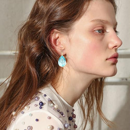 14K Gold Teardrop Crystal Leverback Earrings Sparkly Rhinestone Water Droplet Dangle Drop Earrings For Women - color: Blue