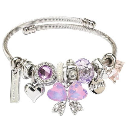DS Charm Bracelets for girls,exquisite cute cartoon friendship bracelets Silver Stainless Steel Bangle with birthday Gift box, Adjustable girls jewelry Suitable for holiday gifts - style: Silver-purple butterfly 3